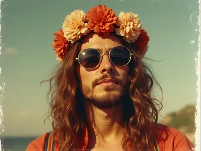 Young Man With Long Hair Wearing Flower Crown And Sunglasses