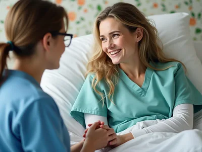 Nurse Comforting A Smiling Patient In Hospital Bed