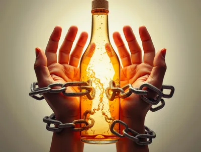 Hands Chained To A Bottle Of Alcohol