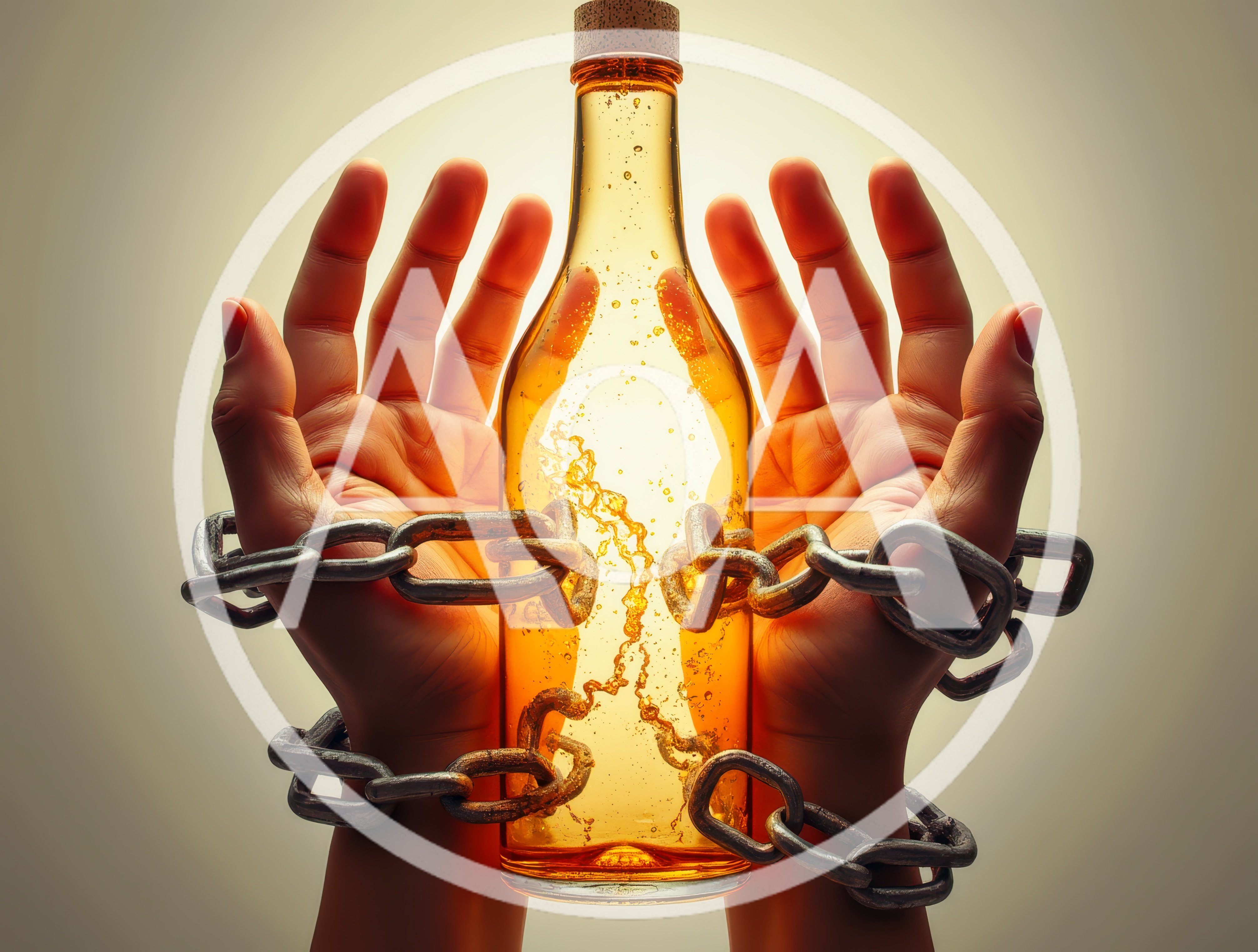 Hands Chained To A Bottle Of Alcohol