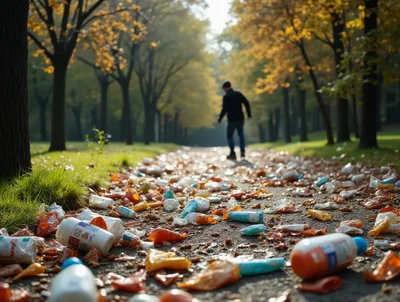 Littered Park Path With Plastic Waste And Debris