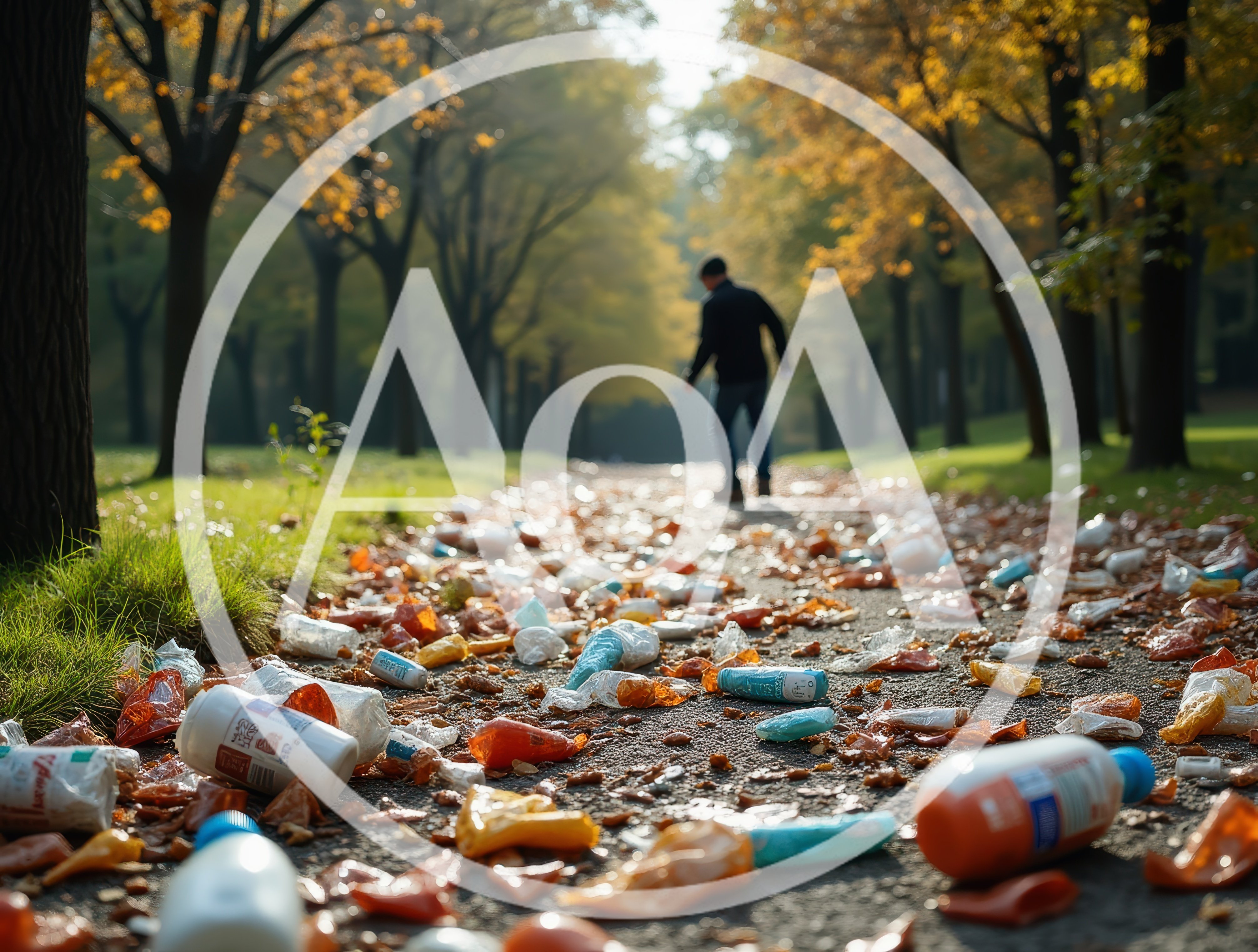 Littered Park Path With Plastic Waste And Debris