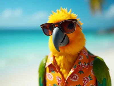 Sun Conure Parrot Wearing Sunglasses And Hawaiian Shirt