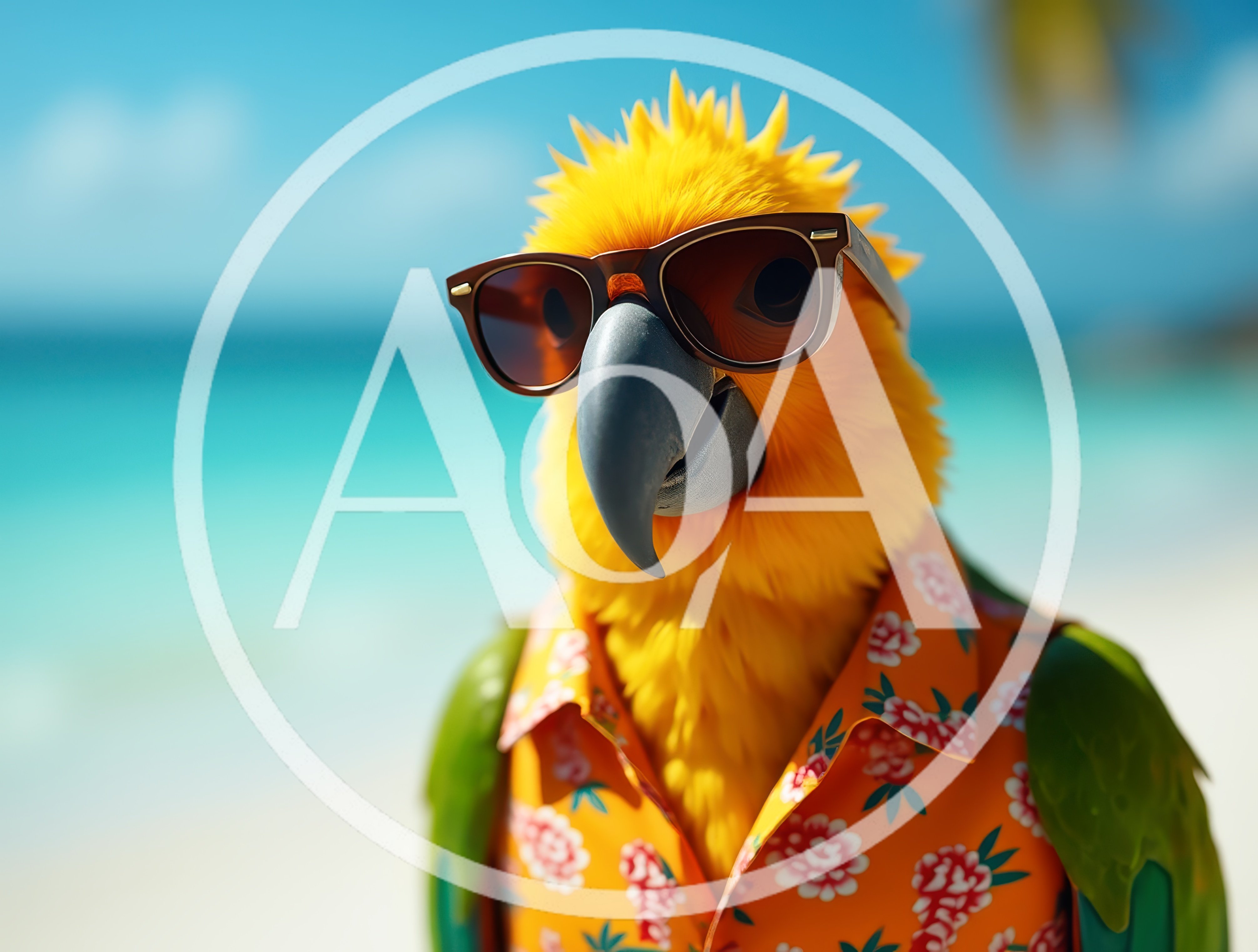 Sun Conure Parrot Wearing Sunglasses And Hawaiian Shirt