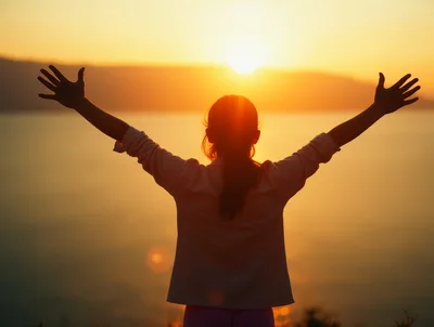 Young Girl Standing With Arms Raised At Sunset