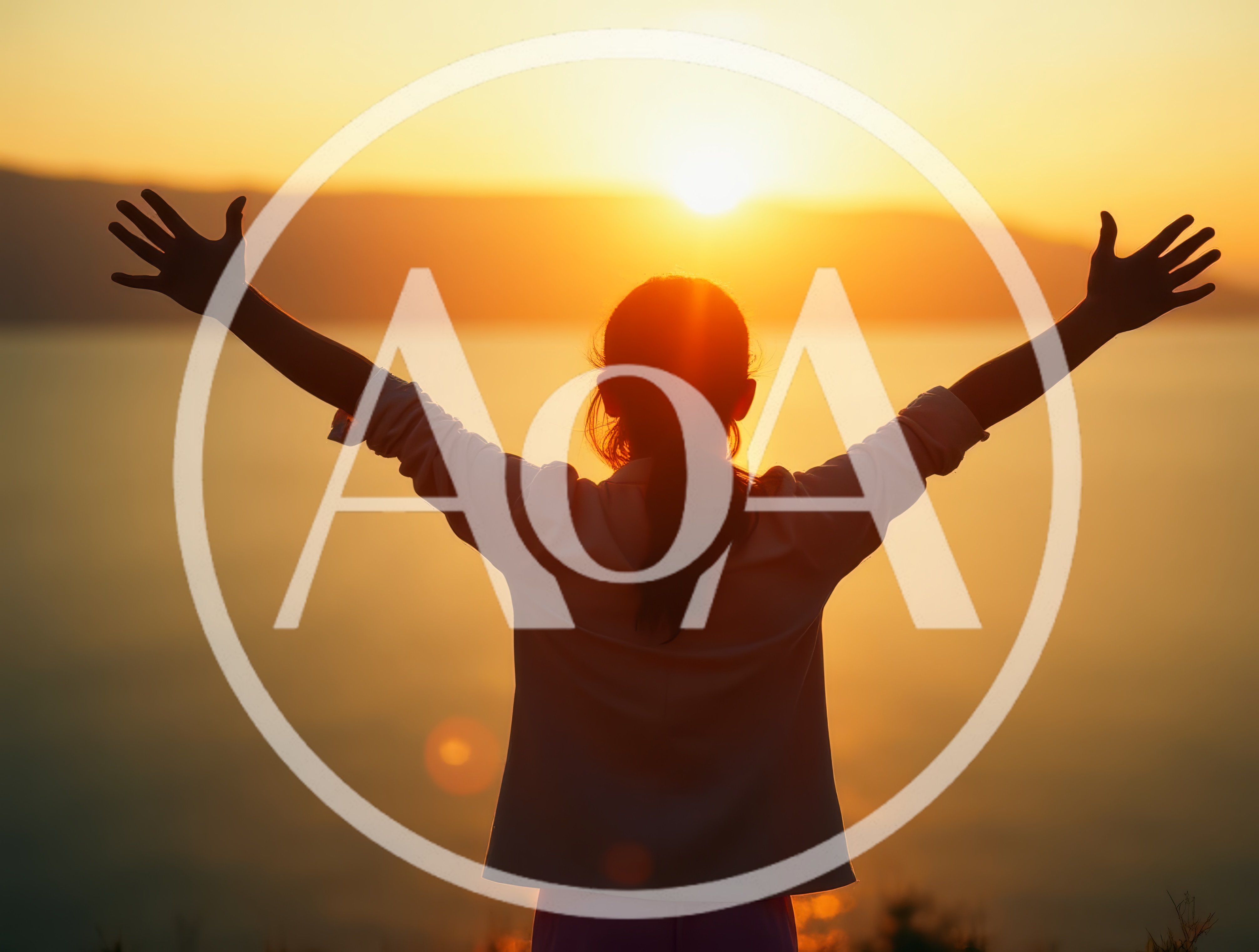 Young Girl Standing With Arms Raised At Sunset