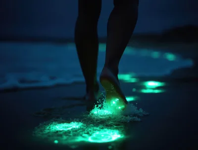 Person Walking On Bioluminescent Beach At Night