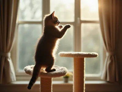 Cute Kitten Playing On A Cat Tree
