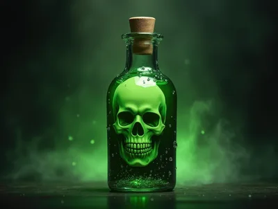 Green Poison Potion Bottle With Skull Inside