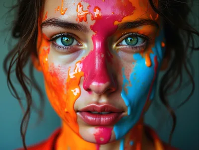 Portrait Of A Woman With Colorful Paint Splattered Face