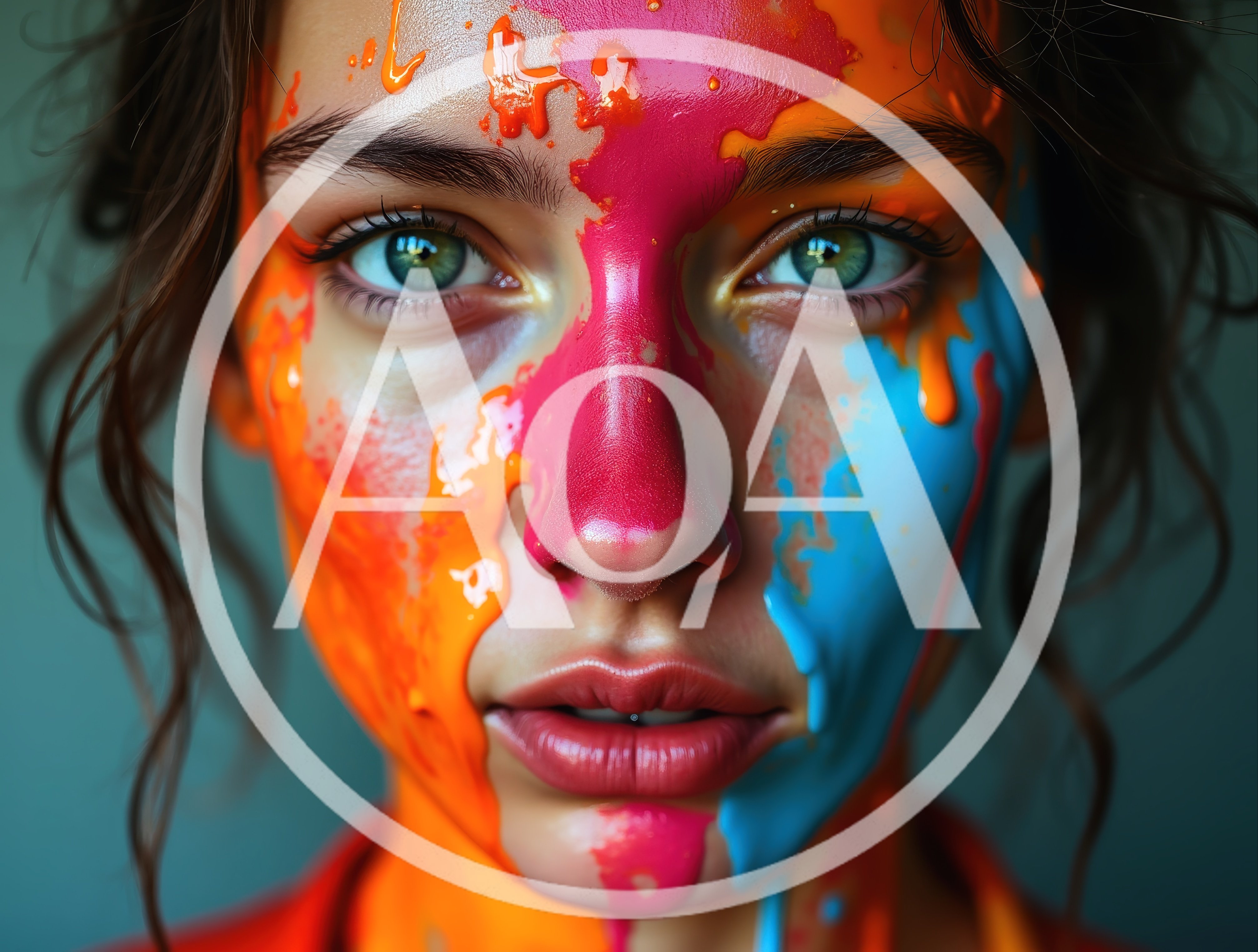Portrait Of A Woman With Colorful Paint Splattered Face