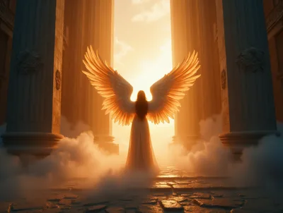 Angel Standing Between Classical Columns At Sunset