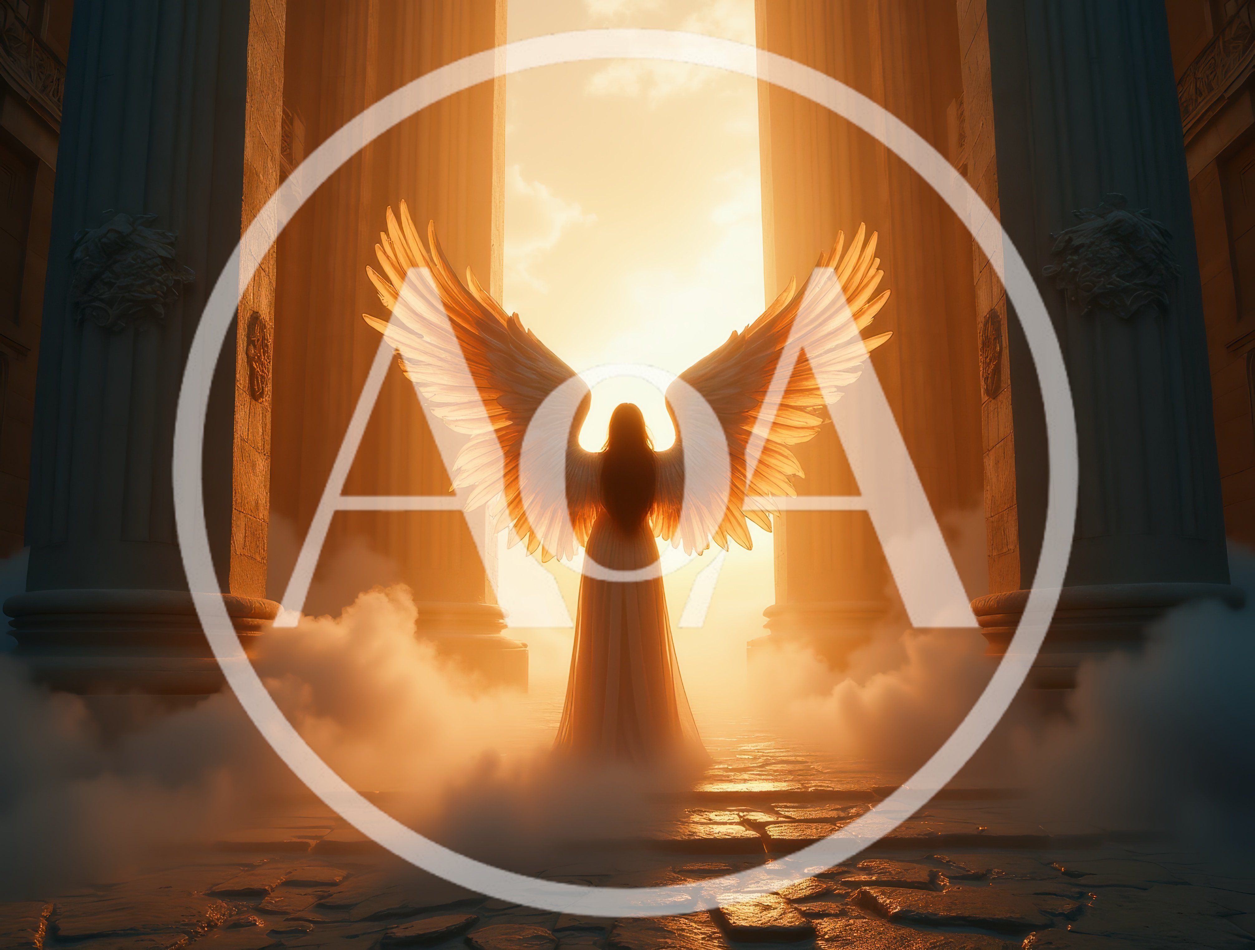 Angel Standing Between Classical Columns At Sunset