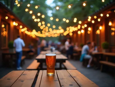 Glass Of Beer On A Wooden Table In A Beer Garden
