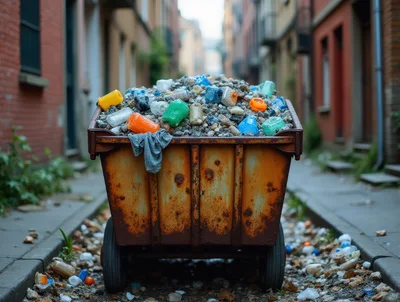 Rusty Industrial Dumpster Filled With Plastic Waste