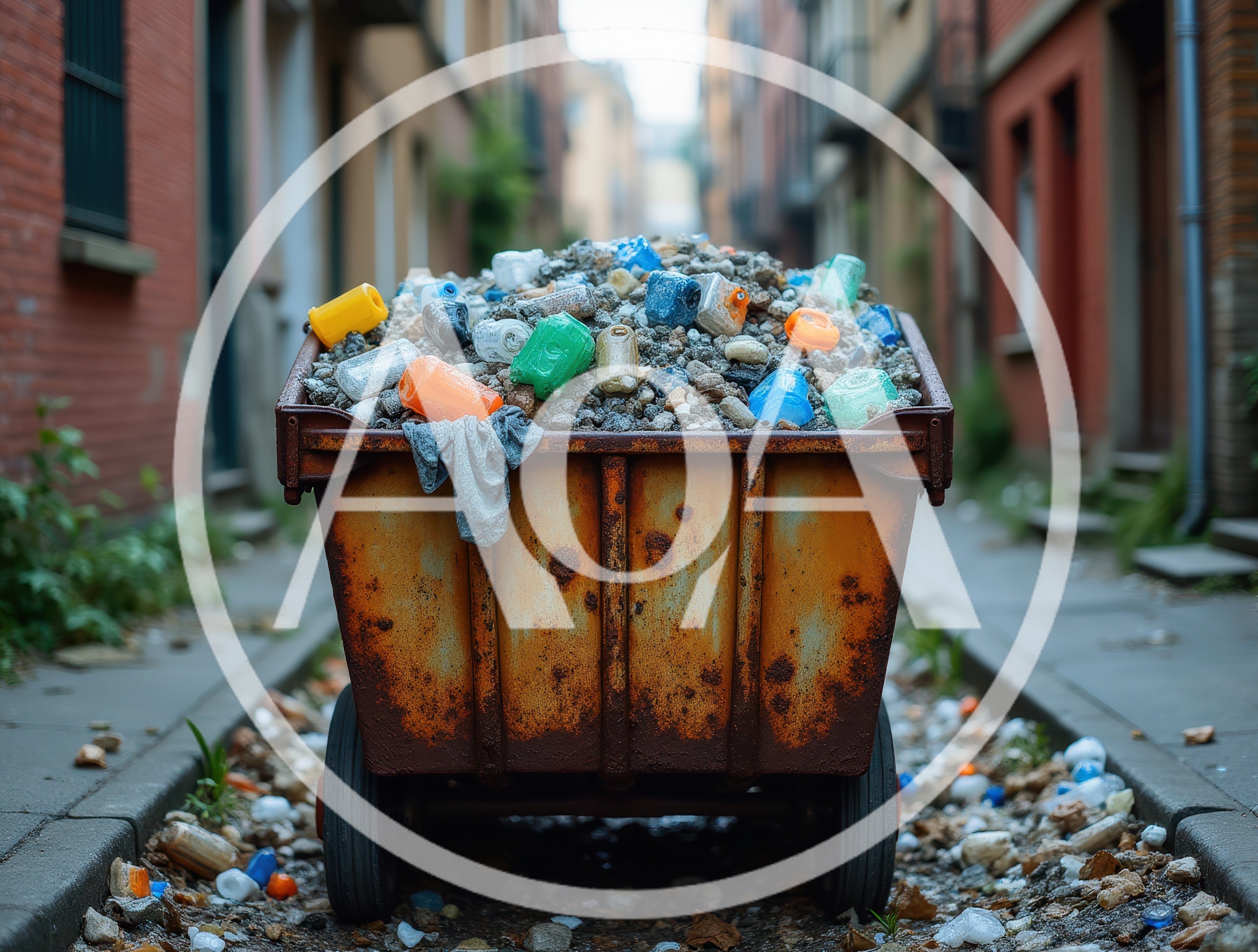Rusty Industrial Dumpster Filled With Plastic Waste
