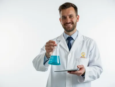 Scientist Holding Erlenmeyer Flask With Blue Liquid