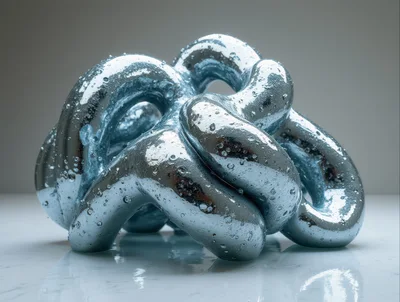 Abstract Metallic Knot Sculpture With Water Droplets