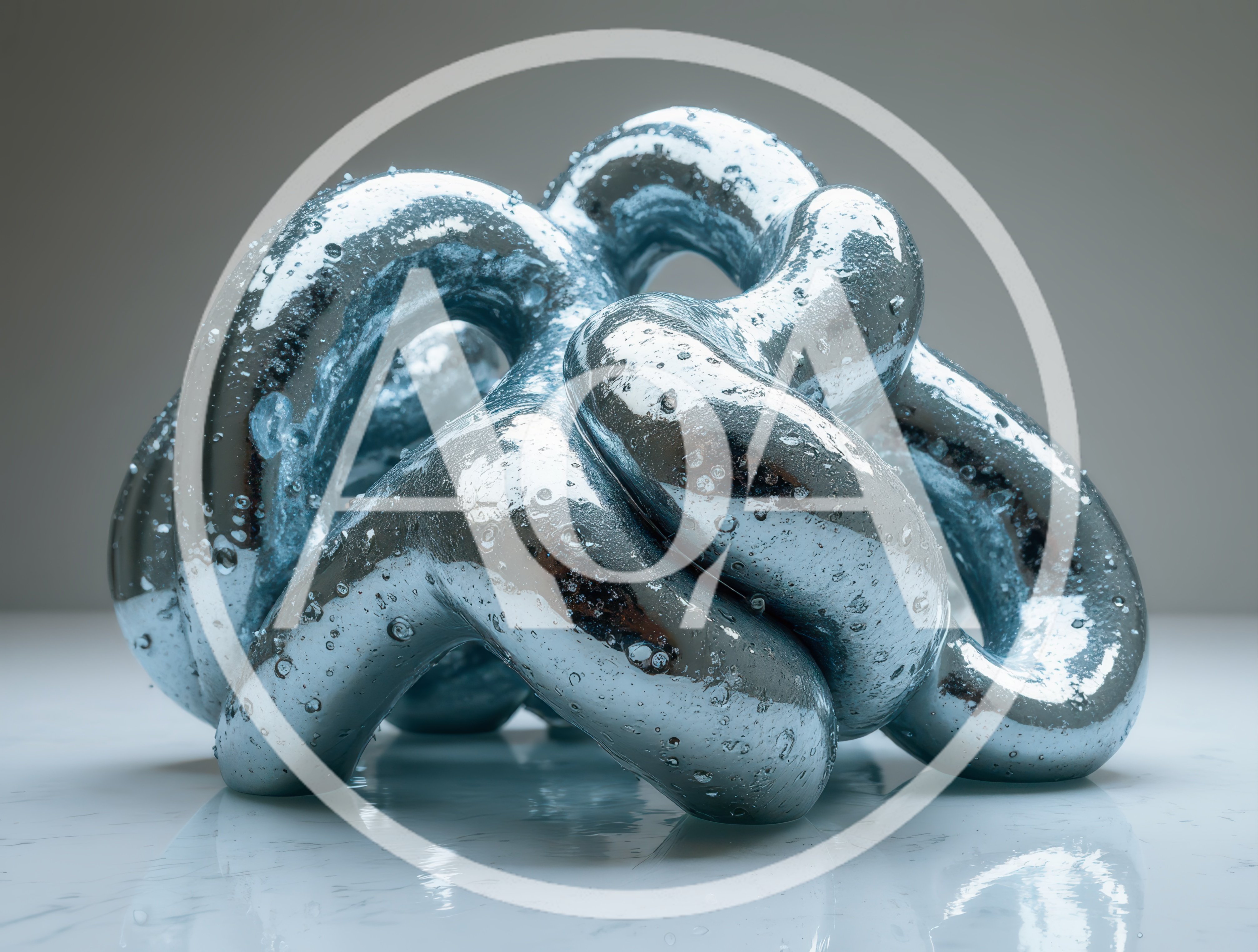 Abstract Metallic Knot Sculpture With Water Droplets