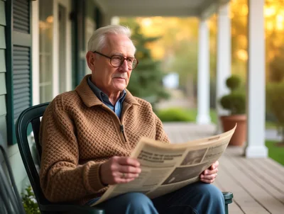 Elderly Man Reading Newspaper on Porch
