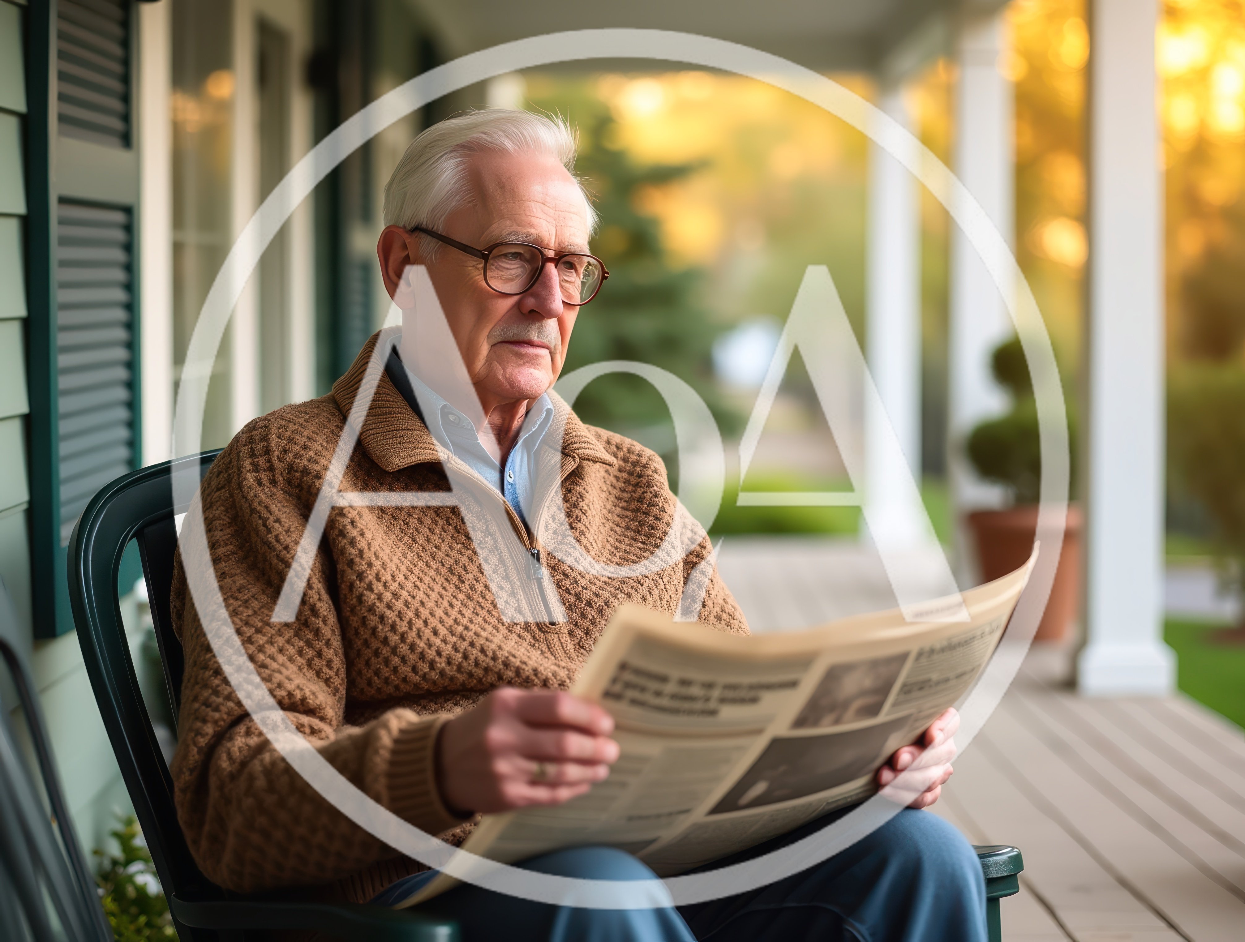 Elderly Man Reading Newspaper on Porch
