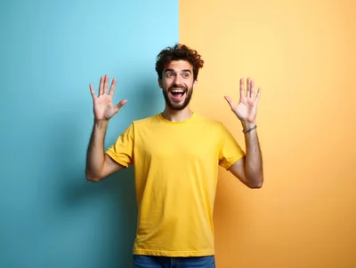 Surprised Young Man With Hands Raised