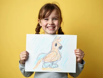 Happy Young Girl Holding Her Colorful Bird Drawing