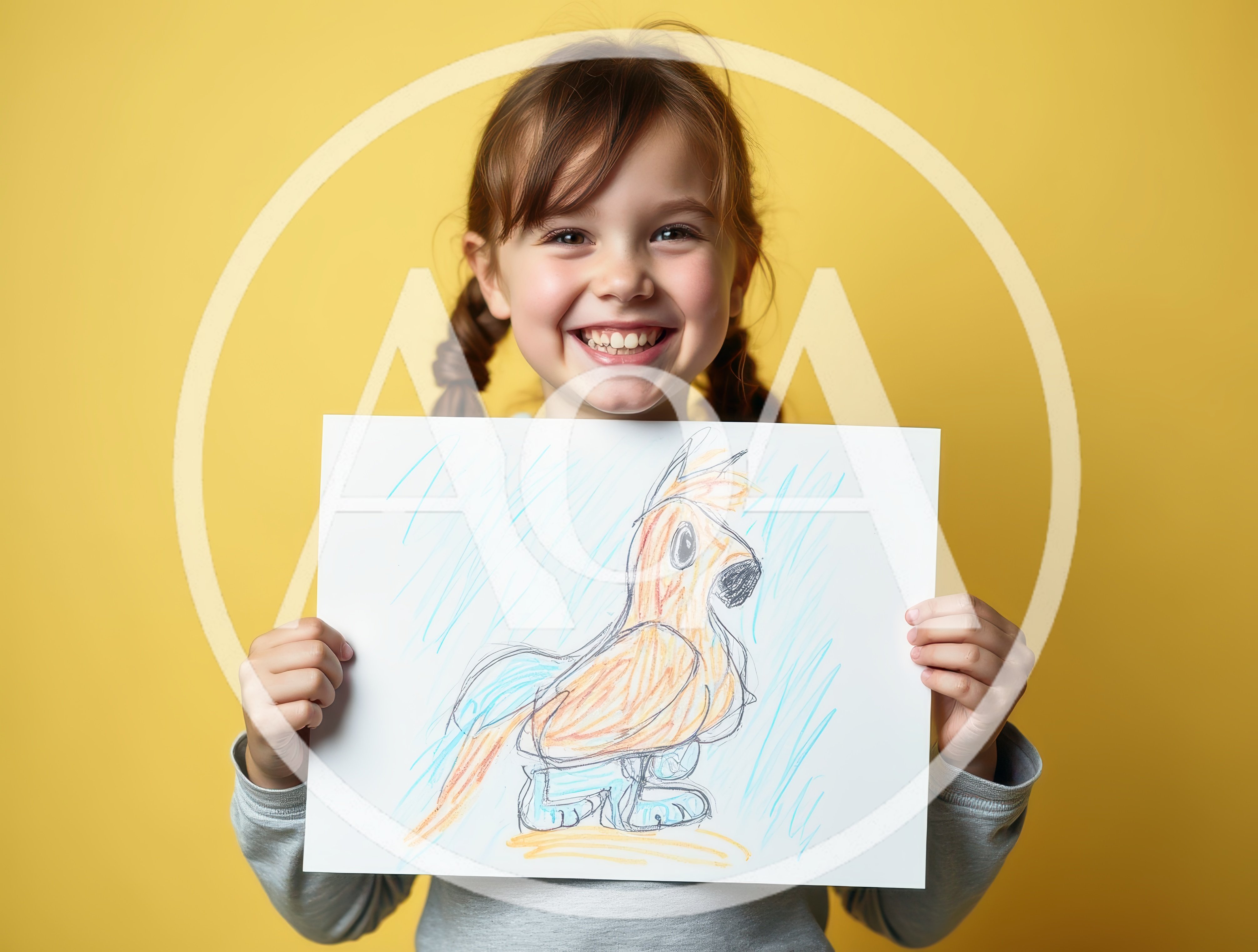 Happy Young Girl Holding Her Colorful Bird Drawing