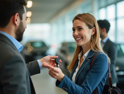 Car Salesman Handing Keys To A Happy Customer