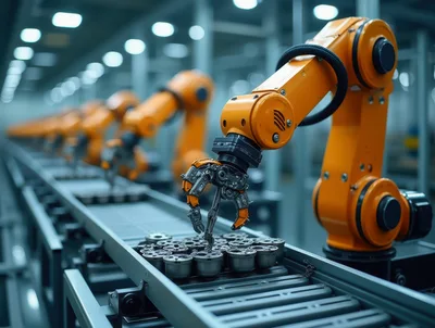 Industrial Robotic Arms Operating On Automated Factory Assembly Line