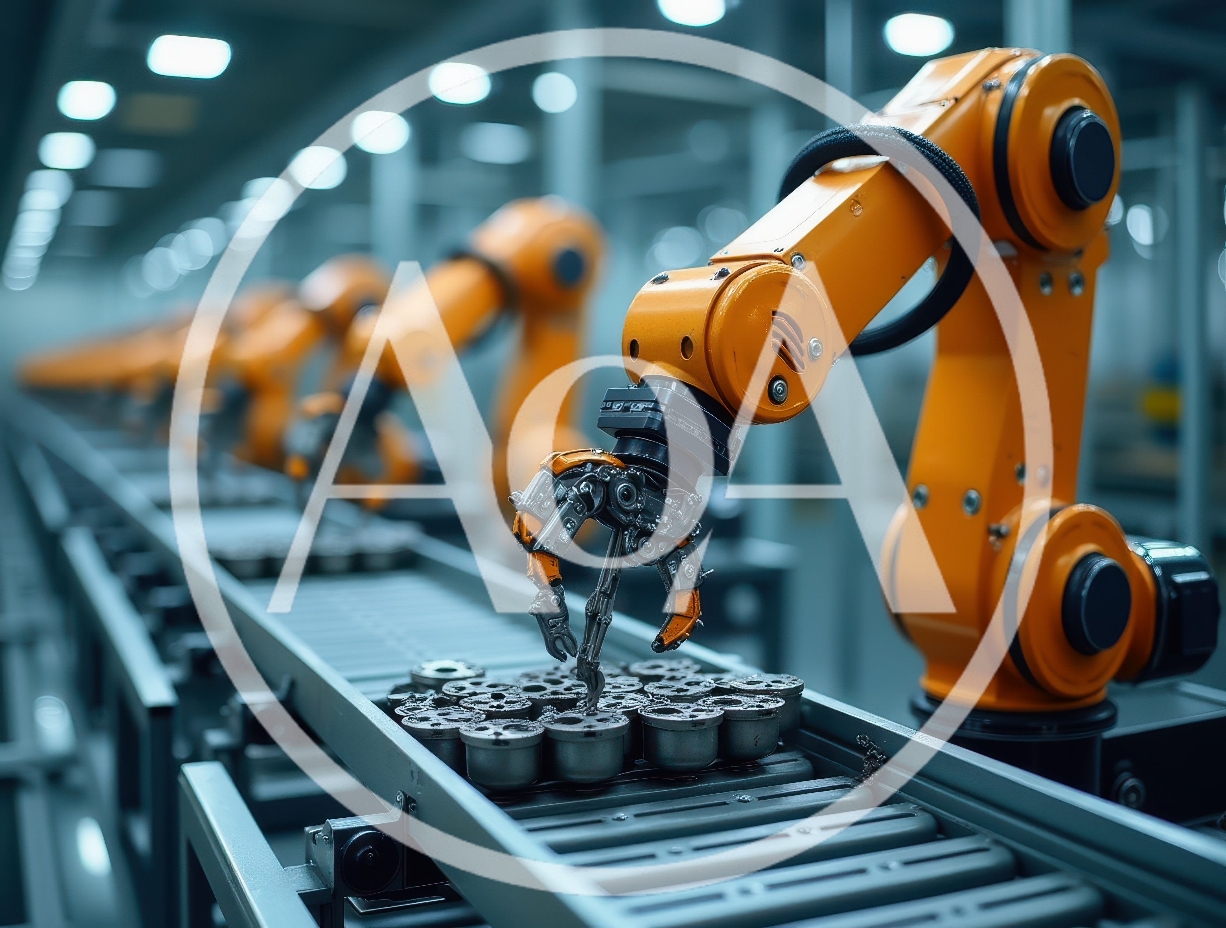 Industrial Robotic Arms Operating On Automated Factory Assembly Line
