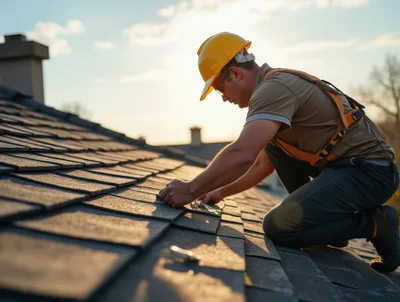 Professional Roofer Installing Shingles on Residential Roof