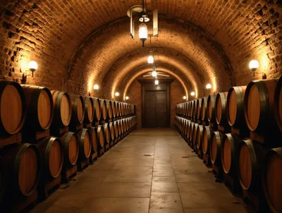 Wine Barrels Stored In A Traditional Brick Cellar
