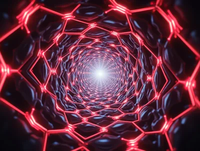 Futuristic Hexagonal Tunnel With Glowing Red Neon Lights
