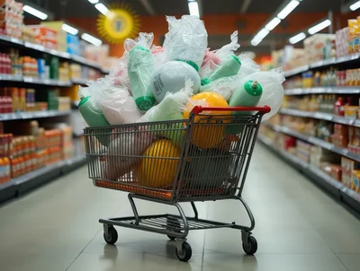 Shopping Cart Filled With Plastic Wrapped Household Products