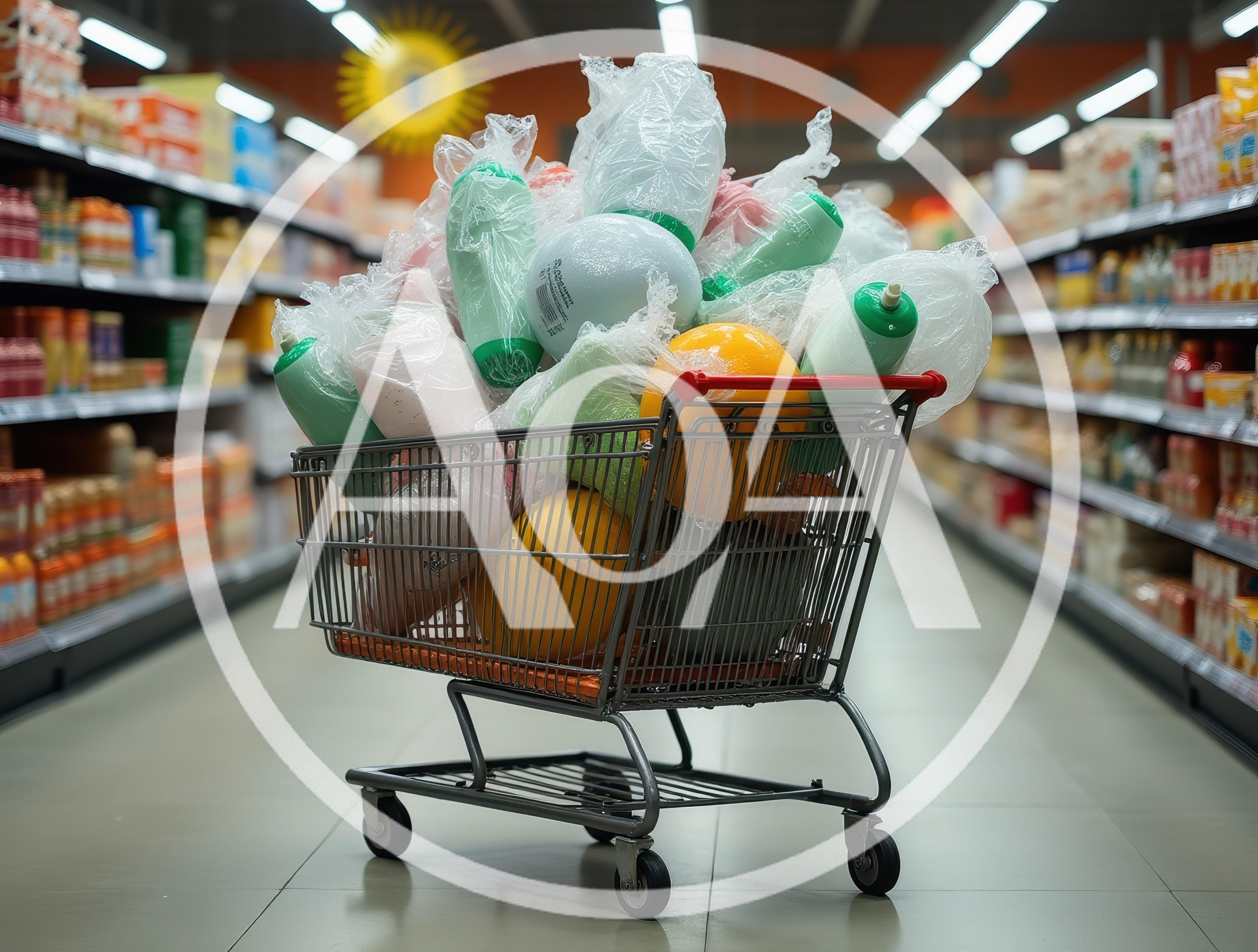 Shopping Cart Filled With Plastic Wrapped Household Products