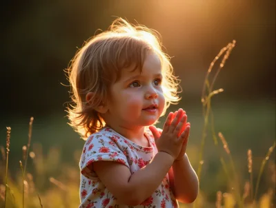 Toddler Girl Praying in a Golden Hour Meadow