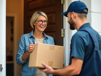 Delivery Driver Handing Package To Smiling Woman At Door