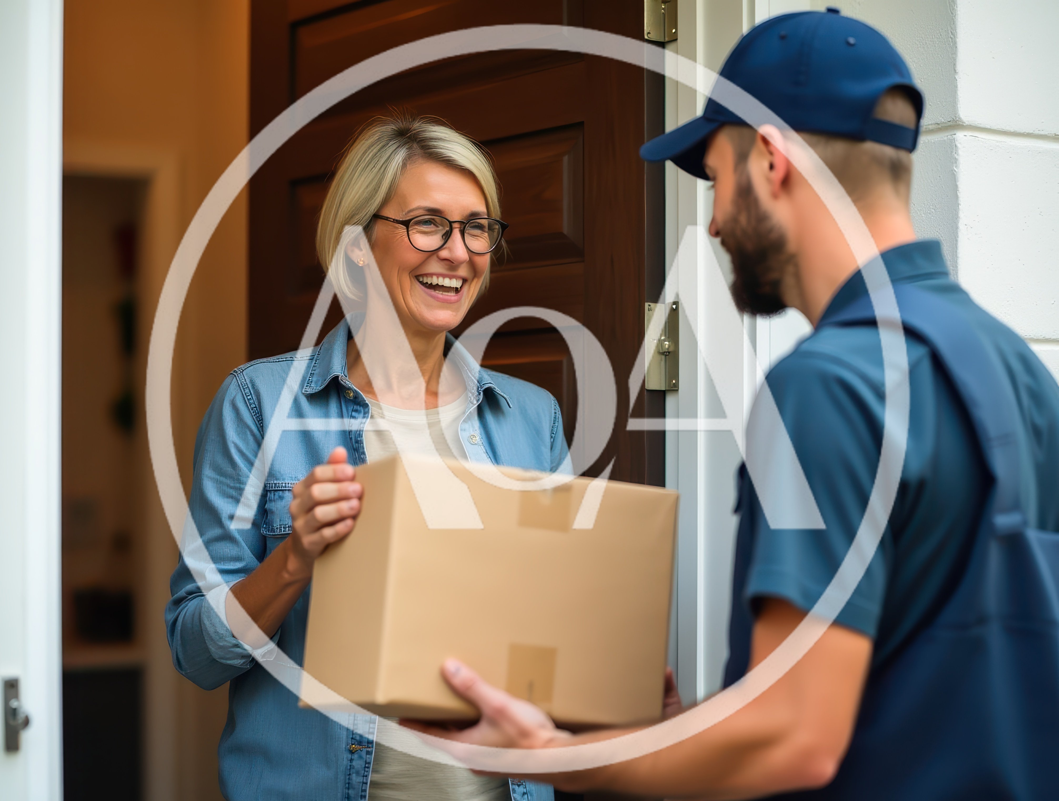 Delivery Driver Handing Package To Smiling Woman At Door
