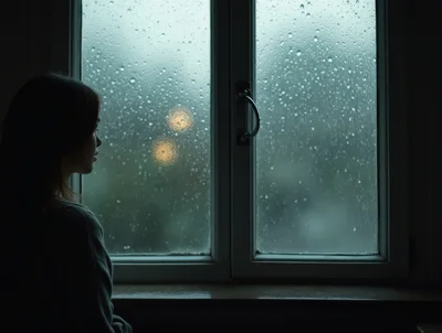 Pensive Woman Looking Out A Rainy Window
