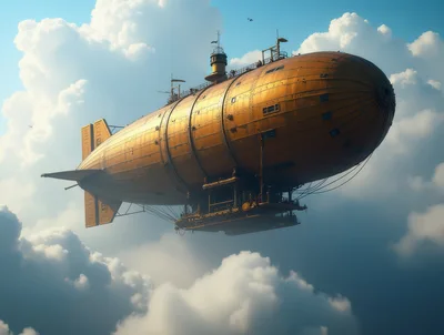 Steampunk Golden Airship Floating Through Clouds