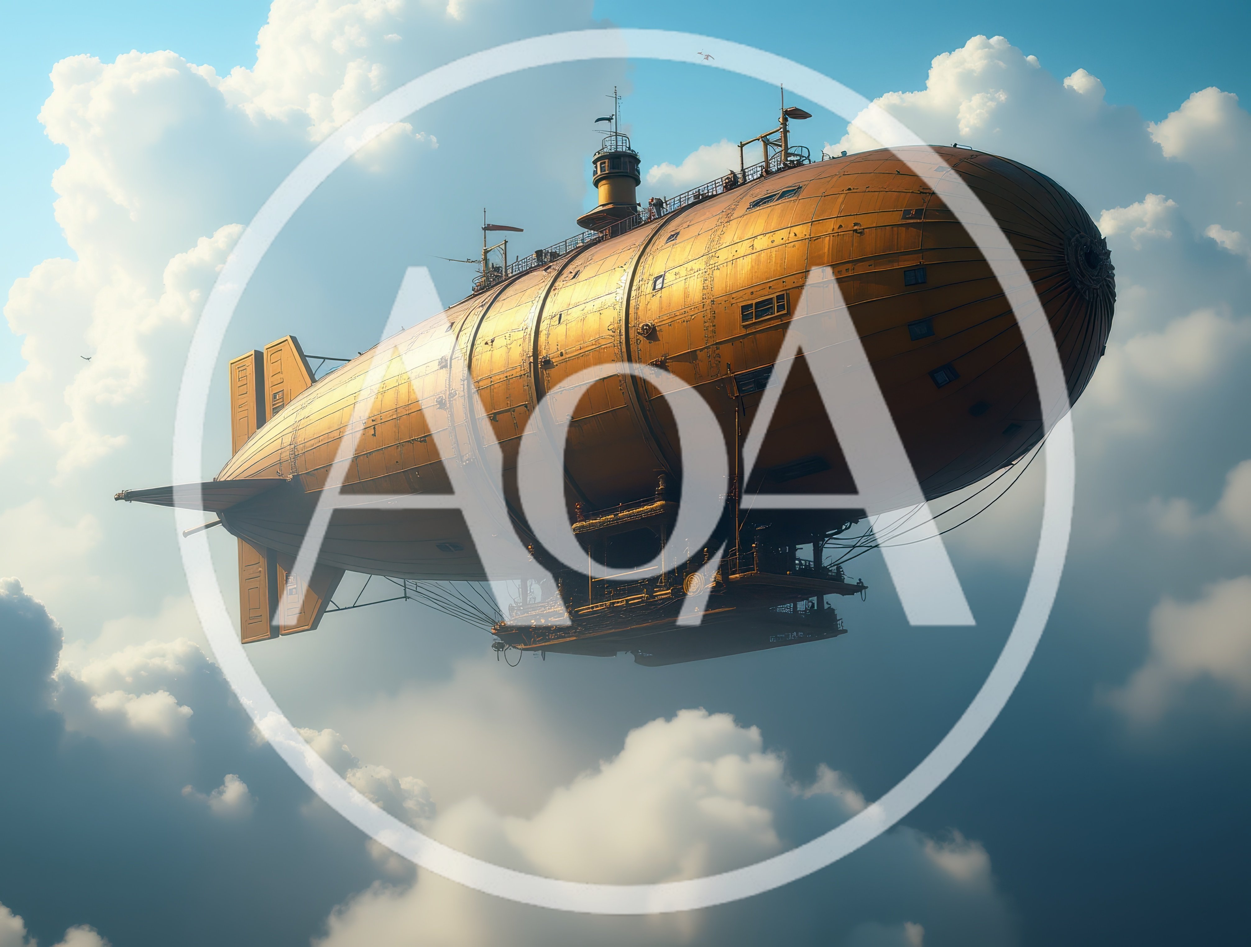 Steampunk Golden Airship Floating Through Clouds