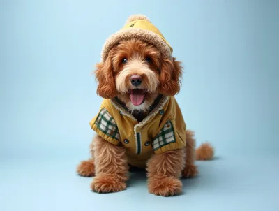 Cute Goldendoodle Puppy Wearing A Yellow Winter Jacket