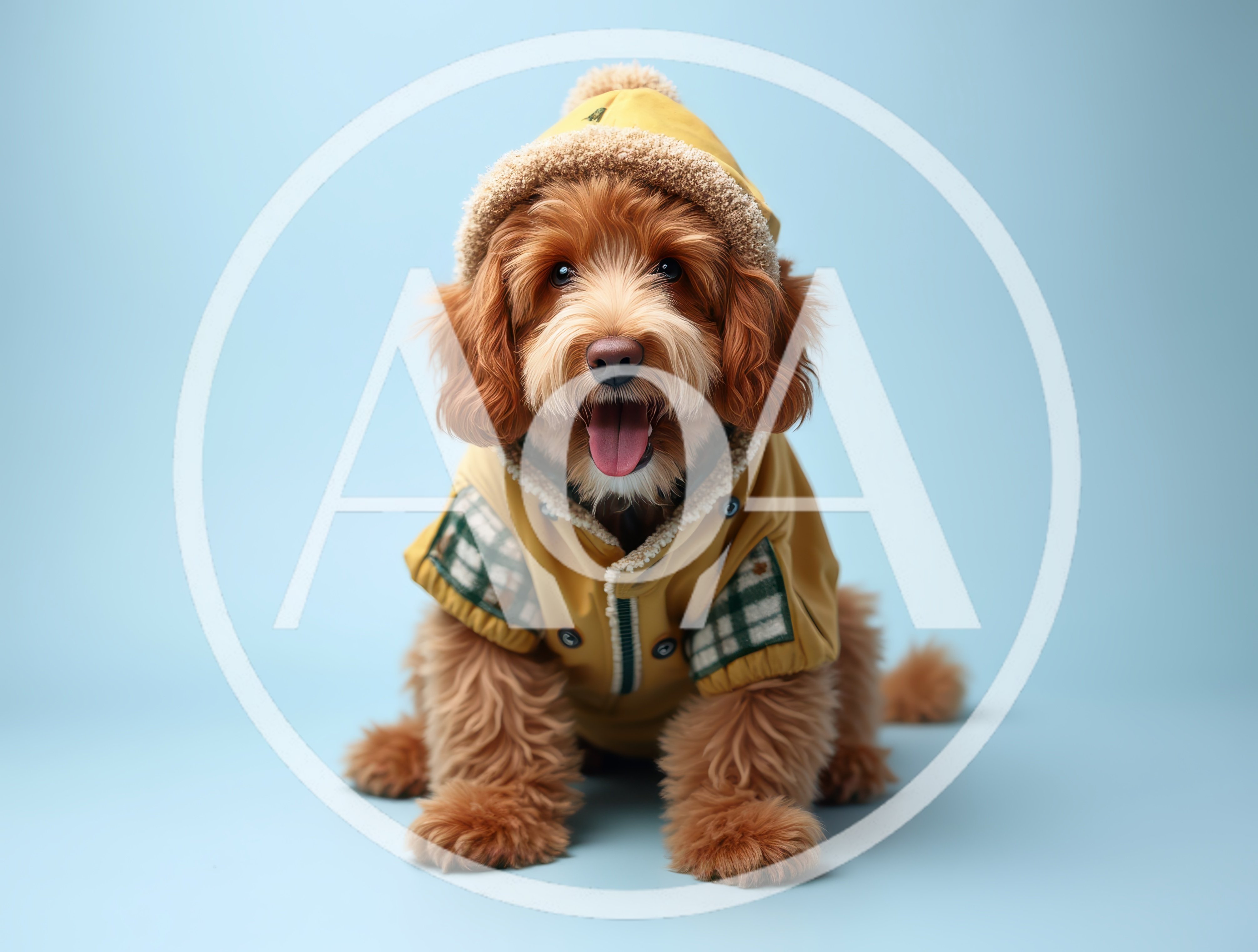 Cute Goldendoodle Puppy Wearing A Yellow Winter Jacket