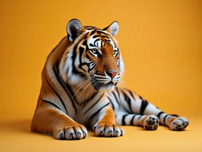 Majestic Tiger Resting Against A Solid Yellow Background