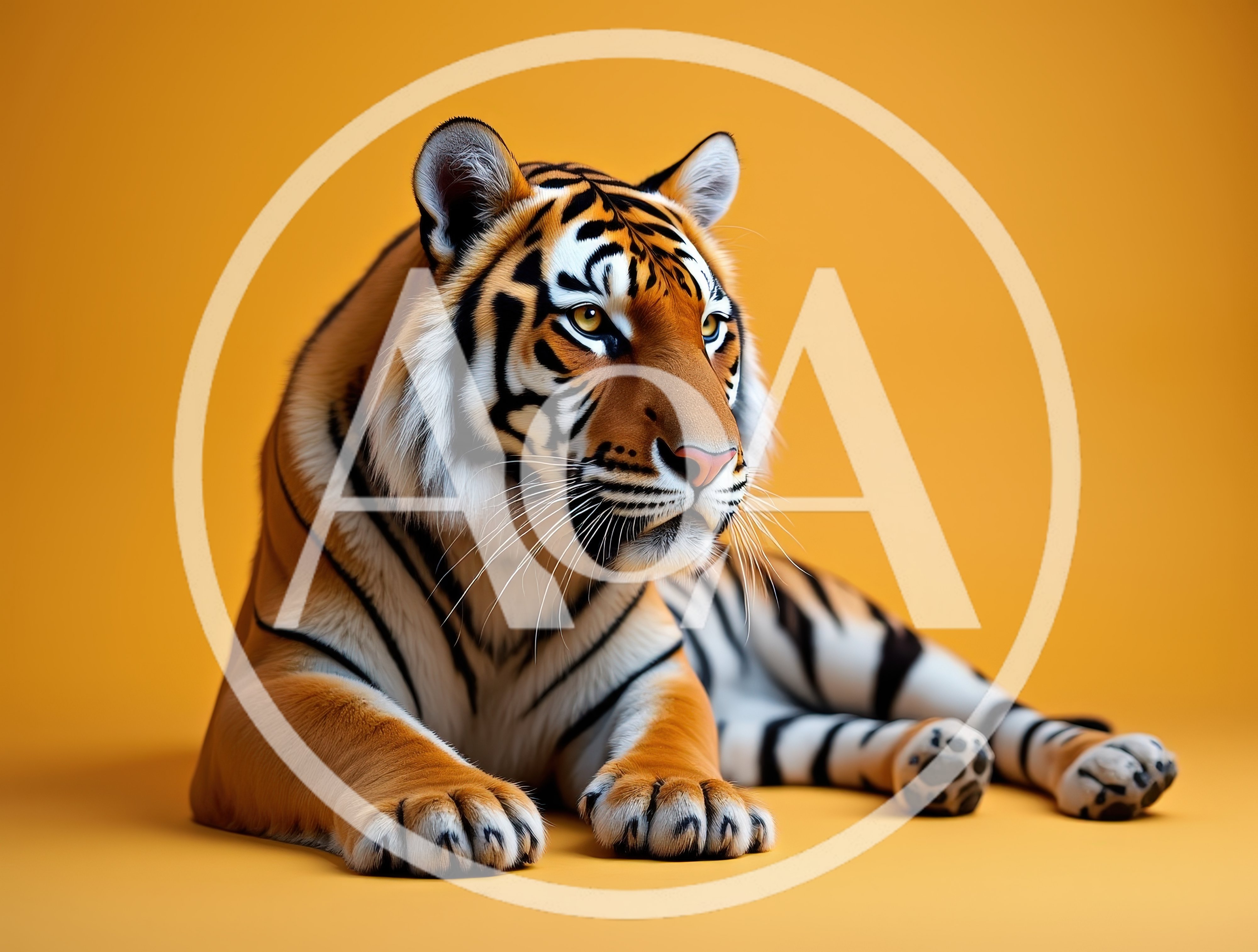 Majestic Tiger Resting Against A Solid Yellow Background