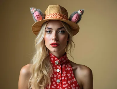 Portrait Of A Blonde Woman Wearing A Whimsical Hat