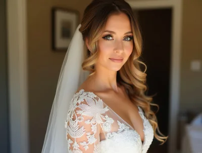 Beautiful Bride With Veil Looking At Camera