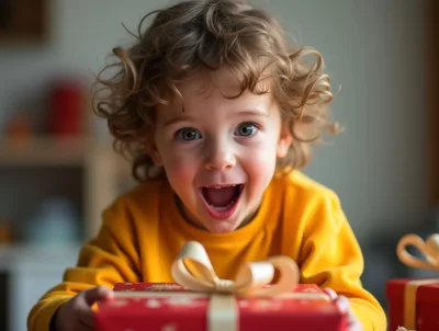 Excited Toddler Holding A Red Christmas Gift