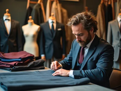 Professional Tailor Measuring Fabric In A Bespoke Suit Shop